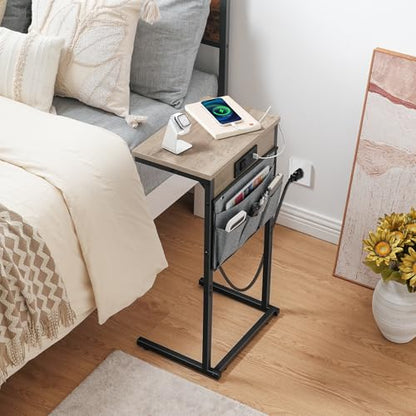 HOOBRO C Shaped End Table with Charging Station, 28" H Couch Side Table Slide Under, Sofa Arm Tray Table with Storage Bag for Living Room, Recliner, Greige BG70USF01 - color: Greige