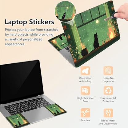 Laptop Skin Sticker Decal 15.6 Inch,12 13 13.3 14 15 15.6 in Laptop Netbook Skins for Notebook,Art Decal Removable Waterproof Scratch Resistant,Universal Vinyl Cover,Cat Green Window - color: Cat Green Window
