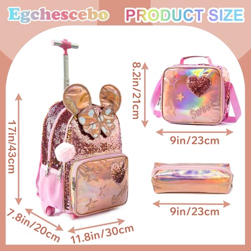 Kids Rolling Big Ears Backpack for Girls Sequins Trolley Suitcases Luggage Travel with Wheels Bookbag Wheeled 17" Roller Backpacks Set Toddler Back Pack School Bags for Elementary Champagne - color: 5315-miqi-champagne