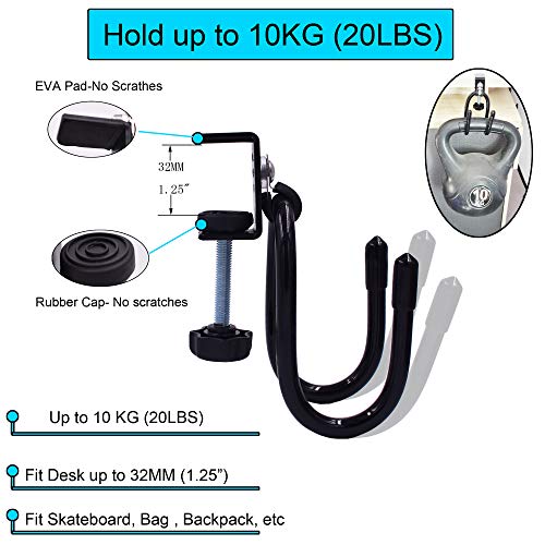 YYST Desk Mount Clamp-On Bag Holder Hook Backpack Hanger Portable for Backpack, Handbag, Purse, Laptop Bag, Tote Bag, Messenger Bag,Table Desk, Under Counter (20 lb. Capacity) (2)