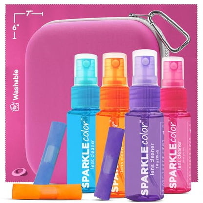 Sparkle Anti-Reflective Safe Lens Cleaner Spray Kit - (4) 1oz Glasses Cleaner Spray, (4) Microfiber Cleaning Cloth & (1) Travel Pouch for Eyeglasses, Lenses & Camera Cleaning Kit - 9 Piece Set