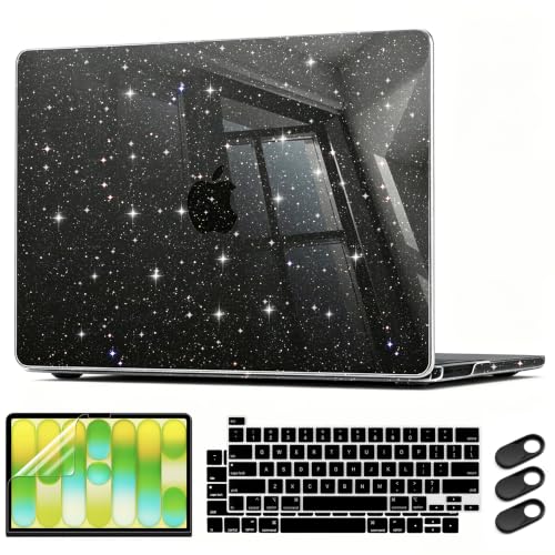 CISSOOK Black Glitter Case for MacBook Pro 13 Inch 2025-2020 Release Model A2338 A2251 A2289 with Touch Bar, Bling Hard Shell Cover Keyboard Skin for MacBook Pro 13 M1 M2 Sparkly | 4in1 Set Bling Hard Shell Cover Keyboard Skin for MacBook Pro 13 M1 M2 A23