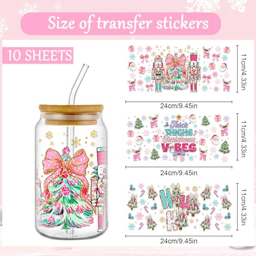 Rngmsi UV DTF Cup Wrap - 10 Pcs Glitter Christmas UV DTF Stickers for 16 oz Xmas Tree Bow Santa Waterproof UVDTF Transfer Decals for Glasses Cups DIY Crafts - style: Glitter Christmas