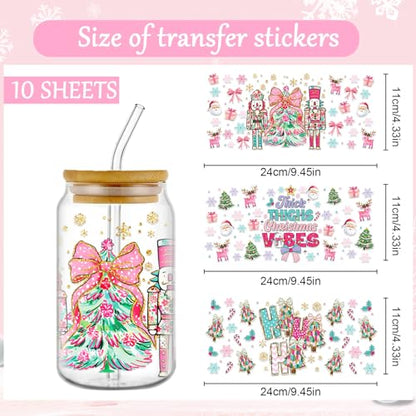 Rngmsi UV DTF Cup Wrap - 10 Pcs Glitter Christmas UV DTF Stickers for 16 oz Xmas Tree Bow Santa Waterproof UVDTF Transfer Decals for Glasses Cups DIY Crafts - style: Glitter Christmas