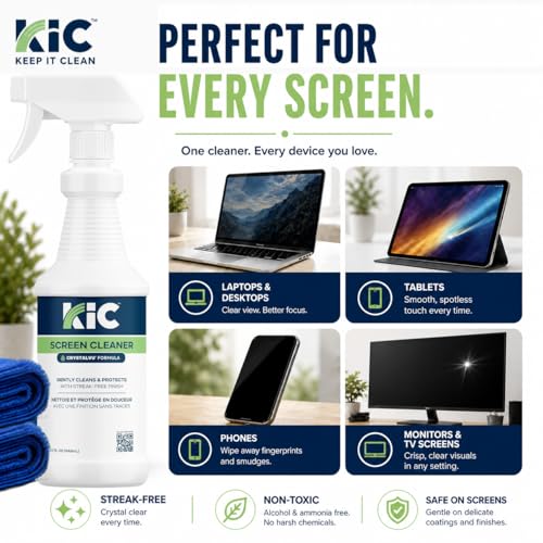 KIC CrystalVu Screen Cleaner Spray Kit with Microfiber Cleaning Cloth – Streak-Free for TV, Phone, Laptop, Monitor & Tablet – NSF Certified Safe Formula – 2 Reusable Microfiber Towels - 32oz - size: 32oz