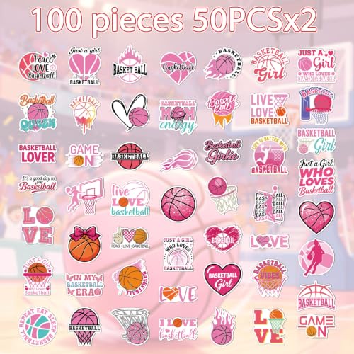 Pink Basketball Stickers for Women - 100 Pcs Cute Basketball Vinyl Sticker Decals, Sports Decals for Laptop Water Bottle Phone Case Notebook Skateboard Helmet Luggage Gift - style: Basketball