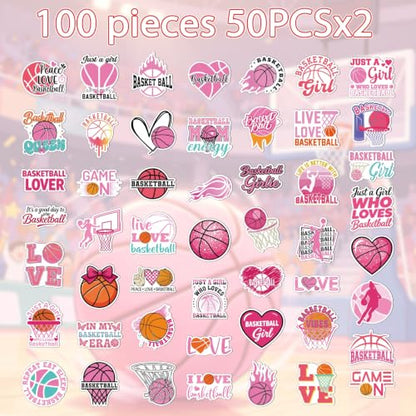 Pink Basketball Stickers for Women - 100 Pcs Cute Basketball Vinyl Sticker Decals, Sports Decals for Laptop Water Bottle Phone Case Notebook Skateboard Helmet Luggage Gift - style: Basketball