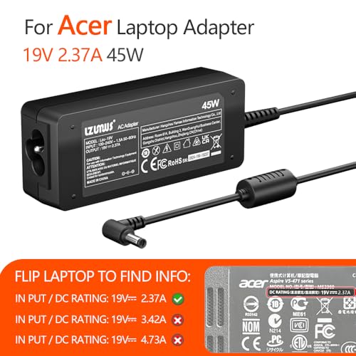 45W AC Adapter for Acer Laptop Chanrger 19V 2.37A 3.0x1.1mm Compatible with Acer Chromebook Aspire Swift 1/3 /5 Series Replacement Power Supply Cord