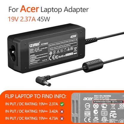 45W AC Adapter for Acer Laptop Chanrger 19V 2.37A 3.0x1.1mm Compatible with Acer Chromebook Aspire Swift 1/3 /5 Series Replacement Power Supply Cord