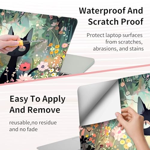 Laptop Skin Sticker 3-Piece Set,Black Cat Among Flowers | Trim-to-fit 3-piece vinyl set with one 15 x 10.6 in lid skin and two palm-rest decals for many 12-15.6 in laptops - color: Black Cat Among Flowers