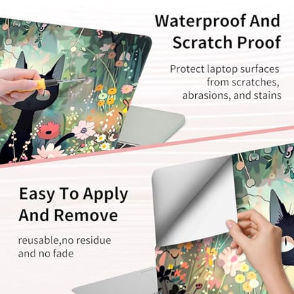 Laptop Skin Sticker 3-Piece Set,Black Cat Among Flowers | Trim-to-fit 3-piece vinyl set with one 15 x 10.6 in lid skin and two palm-rest decals for many 12-15.6 in laptops - color: Black Cat Among Flowers