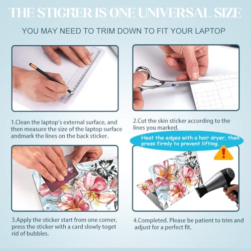 SUPERDANT 3Pcs Laptop Notebook Skin Sticker Set with Watercolor Floral Art 15.6x10.6 in Removable PVC Decal for 12 13 13.3 14 Up to 15.6 Inch Laptop Personalized Pink Cover