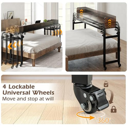 Tangkula Overbed Table with Wheels, Queen Size Mobile Bed Desk with Adjustable Height & Length, Rolling Computer Desk with Metal Frame, Laptop Cart for Bedroom, Living Room, Hospital (Rustic Brown)