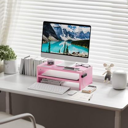 Marbrasse Monitor Stand Riser, 16.5 Inch 2 Tier Computer Printer Shelf Stand for Laptop Computer Screen Storage, Desktop Stand with Phone Holder and Cable Management (Pink) - color: Pink