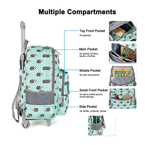 Tilami Rolling Backpack 18 inch Double Handle Wheeled Boys Girls Travel School Children Luggage Toddler Trip - color: Hedgehog Green