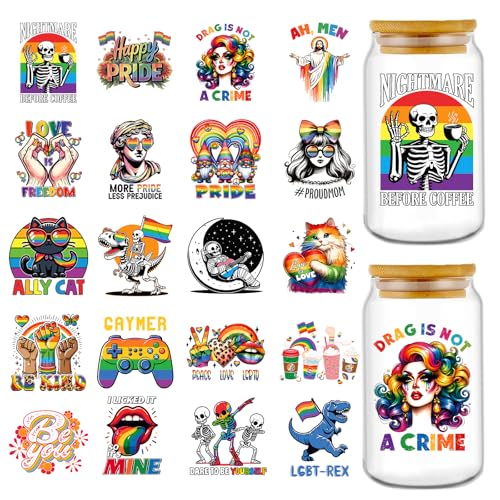 Rngmsi UV DTF Cup Wrap - 20 Sheets Pride Month UV DTF Wraps for 16 oz, LGBTQ Rainbow Love Stickers for Glass Water Botters, Skeleton Cat Rub on Transfer Decals, DIY Pride Accessories Crafts - style: Pride Month