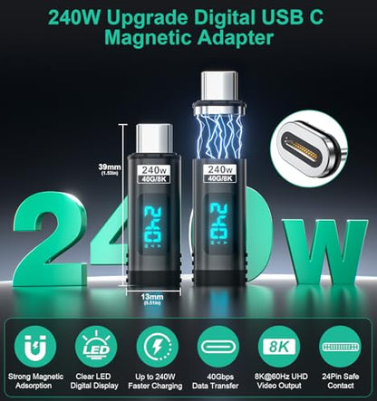 240W USB C Magnetic Adapter 2Pack, 24 Pin Straight 8K 60Hz USBC 4 40Gbps | Straight USB C Power Meter Tester, Digital Display, Support Voltage, Current and Power Smart LED Display Video for 17/16/15 - style: Straight