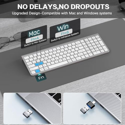 JOYACCESS Wireless Keyboard, Ergonomic,Dustproof,2.4G Slim and Compact Quiet Wireless Keyboard with Number Keypad for Windows, MacBook Pro/Air, Laptop, Desktop, PC-Sliver&White - color: White