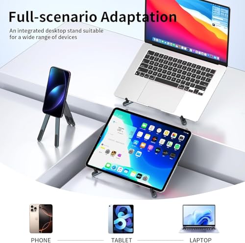 Portable Laptop Stand, 3-in-1 Magnetic Foldable Adjustable, for Desk（Gray） | Aluminum alloy, lightweight compact, 8-level height, ergonomic, for phone/tablet, home office/travel - color: E05-Silver
