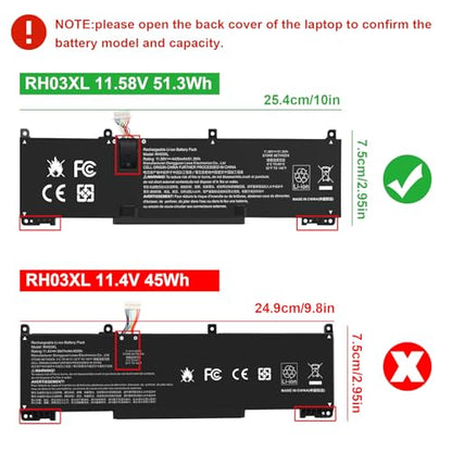11.58V 51.3Wh RH03XL RH03XL-L Laptop Battery for HP EliteBook 640 G9 G10/650 G10/655 G10 Probook 440 G10/445 G10 G11/450 G9 G10/455 G10/460, TPN-DB0L,TPN-DB0T,TPN-IB0A,TPN-IB0K,TPN-IB0L,TPN-IB0P - size: 10*2.99*0.24inch RH03XL
