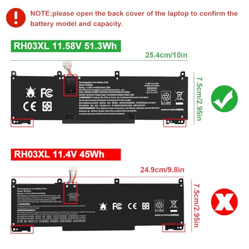 11.58V 51.3Wh RH03XL RH03XL-L Laptop Battery for HP EliteBook 640 G9 G10/650 G10/655 G10 Probook 440 G10/445 G10 G11/450 G9 G10/455 G10/460, TPN-DB0L,TPN-DB0T,TPN-IB0A,TPN-IB0K,TPN-IB0L,TPN-IB0P - size: 10*2.99*0.24inch RH03XL
