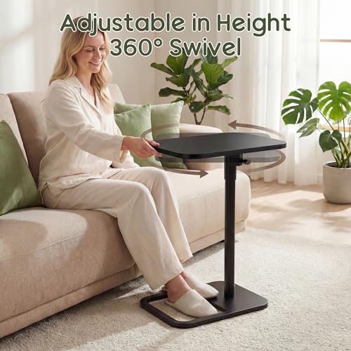 YUHFERA Couch Table, 360° Swivel Adjustable TV Tray for Small Spaces, Black | Height-adjustable sofa side table slides under seating for eating, reading, laptop work, and everyday essentials - color: Black