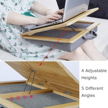 SUMISKY Adjustable Lap Desk-Portable Laptop Stand with Cushion, Bamboo Platform with Phone Holder, Wrist Pad Fits up to 15.6 Inch Laptops - size: M(16.5"x13.4" Height-Adjustable)