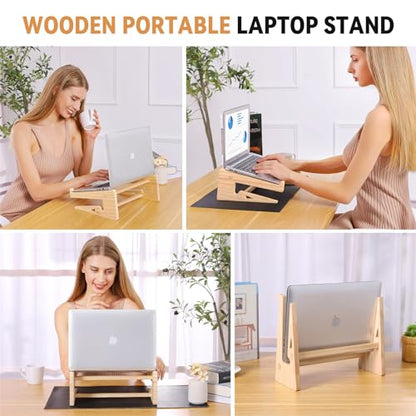 Wooden Laptop Stand for Desk, 2-in-1 Riser and Vertical Laptop Stand | notebook computer holder upright organizer home office workstation timber ergonomic ventilated anti skid space saver