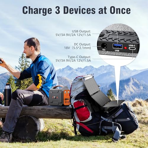 Portable Power Station with Foldable Solar Panel 30W, Portable Power Bank with AC Outlet 110V 120W, USB-C for Smart Devices Camping RV Travel VanLife Hiking Fishing-Orange
