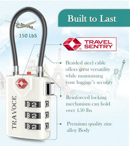 Search Alert TSA Approved Travel Combination Luggage Cable Locks for Suitcase, Gym Locker,Toolbox,Backpack 1,2,4,6 &10 pk (White 4 Pack) - color: White 4 Pack