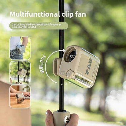 Portable Clip-on Waist Fan, 100-Speed Adjustment, LED Light, USB Rechargeable