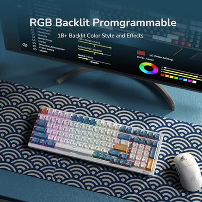 RK ROYAL KLUDGE RK98 Wireless Mechanical Keyboard, Triple Mode 2.4G/BT5.1/USB-C Hot Swappable Keyboard with Number Pad, Pre-lubed Clicky Switches RGB Backlit Gaming Keyboard, Software Support - color: White, size: Hot Swap Blue Switch