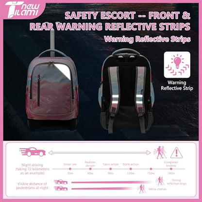 NEW TILAMI 18 Inch Rolling Backpack with Lunch Bag for Girls Boys School | 6-Wheel Stair-Climbing Girls Boys Carry-on Suitcase Water-Resistant Adjustable Trolley Handle Wheels School Travel Camping - color: Pink Sunset Glow