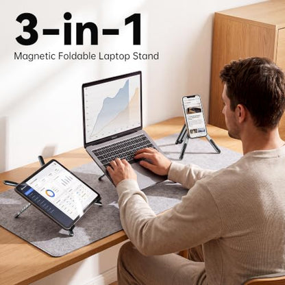 Portable Laptop Stand, 3-in-1 Magnetic Foldable Adjustable, for Desk（Gray） | Aluminum alloy, lightweight compact, 8-level height, ergonomic, for phone/tablet, home office/travel - color: E05-Silver