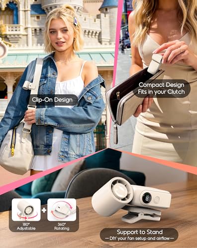 Clip-On Portable Fan for Strollers, 13500RPM Mini Handheld Turbo Travel Fan | Rechargeable 360° Rotatable, LED Display, 4 Gear High Speed Turbo, Travel Cruise Concert Office Makeup Ideal, Women Men Gifts - color: Ivory