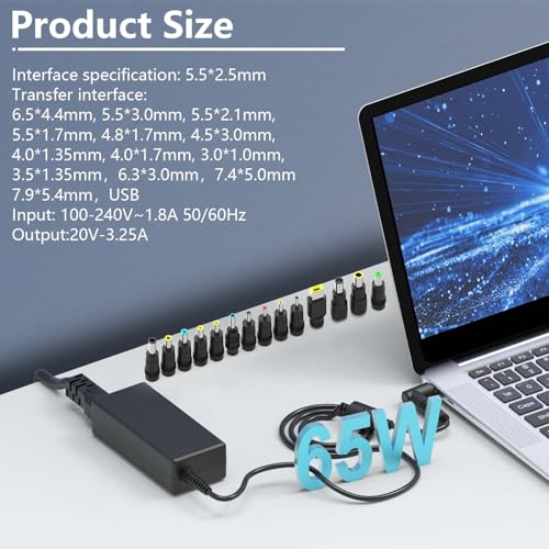 Hafiuege 19V 3.42A DC Universal Laptop Charger, 65W Power Supply Adapter | Fit for HP Lenovo Dell ASUS Gateway Acer Chromebook LG Monitor Samsung TV Spire Spin Toshiba Satellite Harmon Kardon