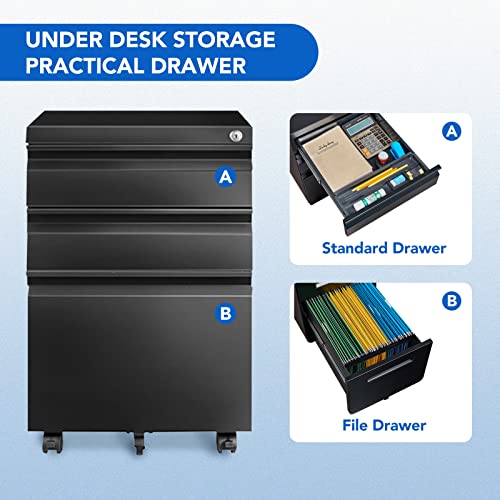 FLEXISPOT 3-Drawer Metal Mobile Filing Cabinet for Home Office - Under Desk Storage with Lock Keys - Legal/Letter/A4 File Organizer - Fully Assembled Except Wheels - Black - color: Black, style: Right Angle