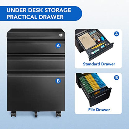 FLEXISPOT 3-Drawer Metal Mobile Filing Cabinet for Home Office - Under Desk Storage with Lock Keys - Legal/Letter/A4 File Organizer - Fully Assembled Except Wheels - Black - color: Black, style: Right Angle