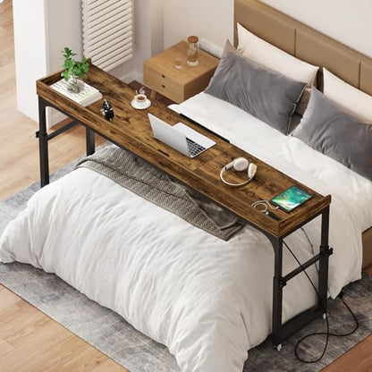Tribesigns Height Adjustable Overbed Table with Wheels, Queen Size Over Bed Desk with Adjustable Tilt Stand, Mobile Laptop Cart Computer Desk with Outlets & USB Ports (Rustic Brown) - color: Rustic Brown