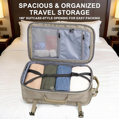 Travel Backpack Carry On Everyday Laptop Backpack Fits 16" Laptop | Flight Approved Luggage Backpack for Men Women, Suitcase-Style Main Pocket, Laptop Compartment, USB Port, for Travel, Daily - color: Khaki