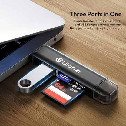 ULANZI CR1 3-in-1 SD/TF/USB Card Reader, USB 3.1 High-Speed 170MB/s, Triple-Slot Simultaneous, Dual USB-C/A, Case-Friendly Port, w/Carabiner Clip for Phone/Tablet/Mac/PC/Android/Photographer