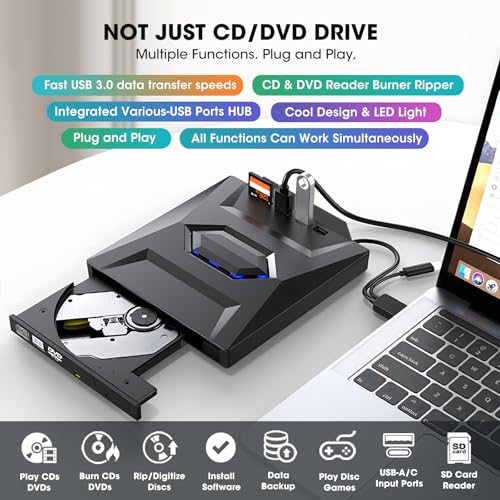 ROOFULL External CD DVD Drive with USB 3.0/Type-C Hub, SD Reader & Case | 7 in 1 Portable CD/DVD ROM +/-RW Drive Burner Player Writer for Laptop Desktop PC Windows 11/10/7, Mac, Linux - style: 7 In 1 Drive + Carrying Case