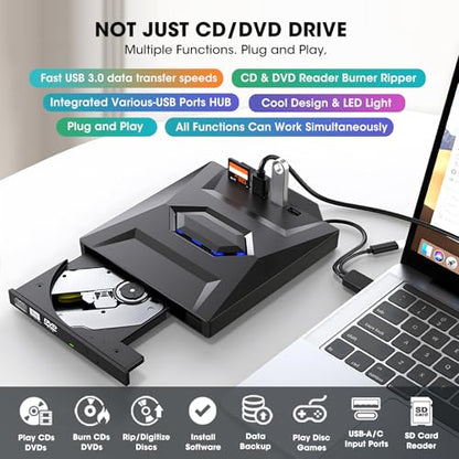 ROOFULL External CD DVD Drive with USB 3.0/Type-C Hub, SD Reader & Case | 7 in 1 Portable CD/DVD ROM +/-RW Drive Burner Player Writer for Laptop Desktop PC Windows 11/10/7, Mac, Linux - style: 7 In 1 Drive + Carrying Case