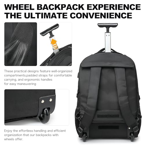 Boavan Wheeled Backpack,18.4 inch Water Resistant Rolling Backpack,Carry on Luggage Business Bag, Overnight College Computer Backpacks Trolley Suitcase for Men Women Adults to Travel，Black - color: Black, size: 18.4 inches