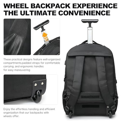 Boavan Wheeled Backpack,18.4 inch Water Resistant Rolling Backpack,Carry on Luggage Business Bag, Overnight College Computer Backpacks Trolley Suitcase for Men Women Adults to Travel，Black - color: Black, size: 18.4 inches