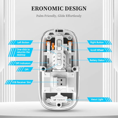 Veout Wireless Bluetooth Mouse, Portable Silent Click Rechargeable Mouse with USB Receiver, 3-Level DPI, Compatible with Laptop, PC, Mac, Tablet, Phone - color: Mouse-White
