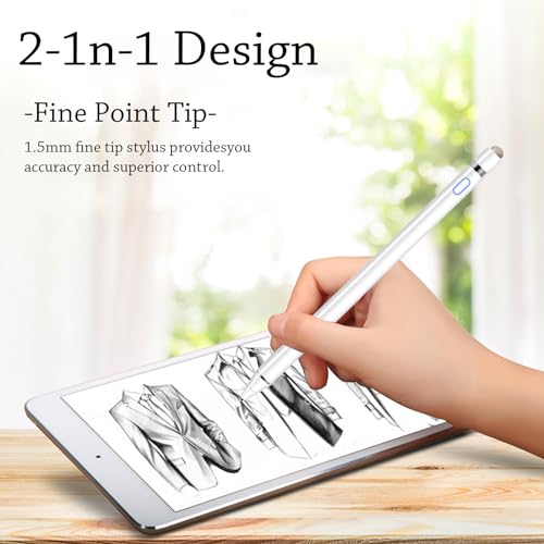 Stylus Pen for iPad, DOGAIN iPad Pencil for Touchscreen with Dual Touch Function, Active Digital Fine Point iPad Pen Compatible with iPad/iPhone/Samsung//iOS/Android/Nintendo switch 2 and More - White - color: White pen with Fiber Cap