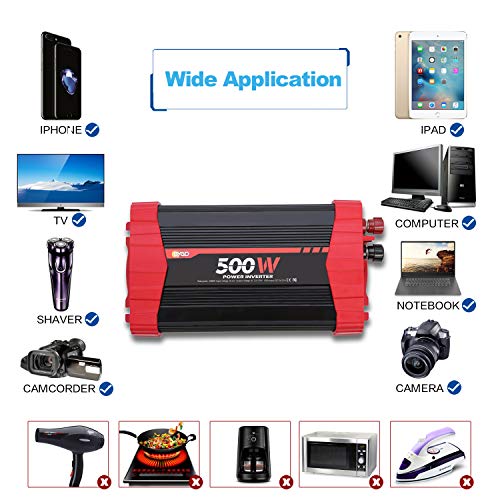 BYGD 500W Power Inverter, Car Charger Adpater DC 12V to AC 110V Car Power Converter 4 USB Quick Charging Ports and Dual AC Outlets Car Charger Adpater with Cigarette Lighter Cable and Battery Clamps - size: 500W