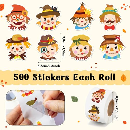 Haooryx Fall Scarecrow Sticker Rolls, 1000Pcs Autumn Scrapbook Stickers | waterproof vinyl self adhesive junk journal water bottle laptop scrapbooking supplies greeting card making party favor s - style: Fall-Theme Scarecrow Head 2Roll