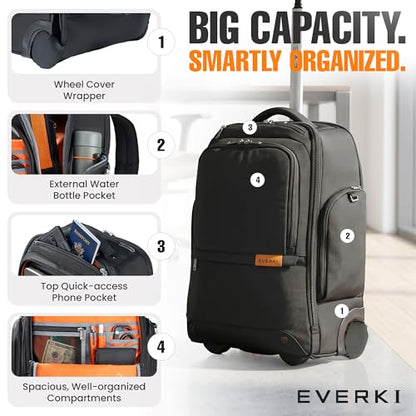 EVERKI Wheeled 123 Laptop Rolling Backpack for Men & Women, Black - 32L | Professional Design, Padded Laptop Compartment, Replaceable Wheels, Business & Work, Travel-Friendly, Fits up to 16" - size: Wheeled 123 Laptop Backpack - 32L